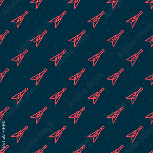 Red line Electric bass guitar icon isolated seamless pattern on black background. Vector.