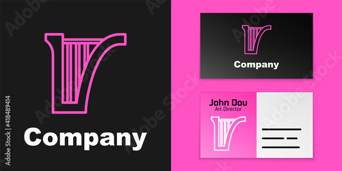 Pink line Harp icon isolated on black background. Classical music instrument, orhestra string acoustic element. Logo design template element. Vector.