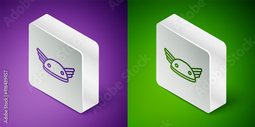 Isometric line Helmet with wings icon isolated on purple and green background. Greek god Hermes. Silver square button. Vector.