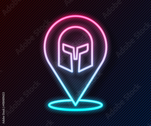 Glowing neon line Greek helmet icon isolated on black background. Antiques helmet for head protection soldiers with a crest of feathers or horsehair. Vector.