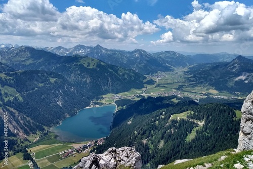 View from the "Roten Flüh" to the Haldensee, Tannheim, Austria, Alps, Europe