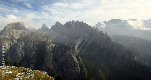 View over Wolkenstein and the cir peaks from the Stevia hut in dolomites, italy, panoramic scenic