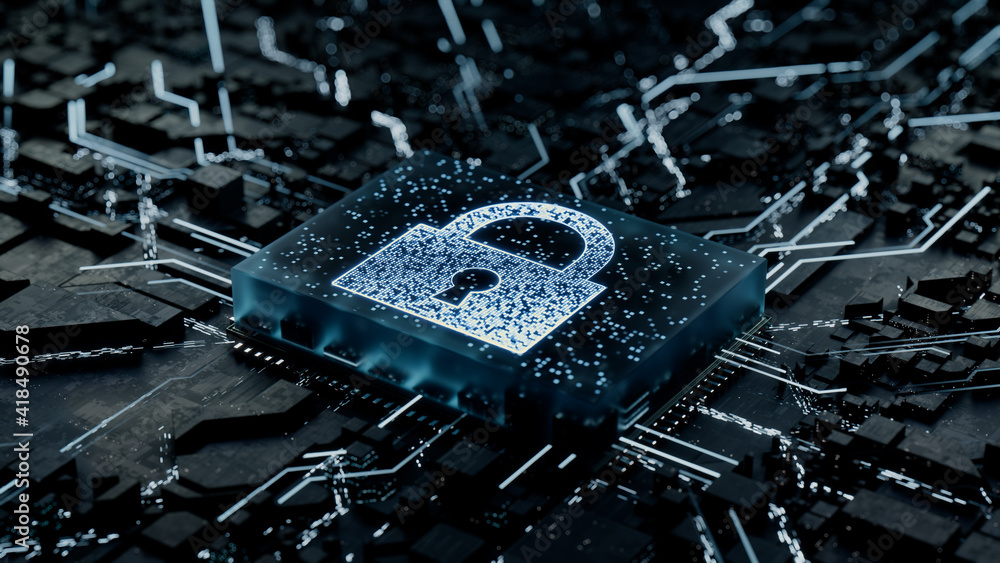 Security Technology Concept with lock symbol on a Microchip. Data flows ...