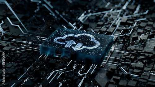 Data storage Technology Concept with cloud symbol on a Microchip. Data flows from the CPU across a Futuristic Motherboard. 3D render.