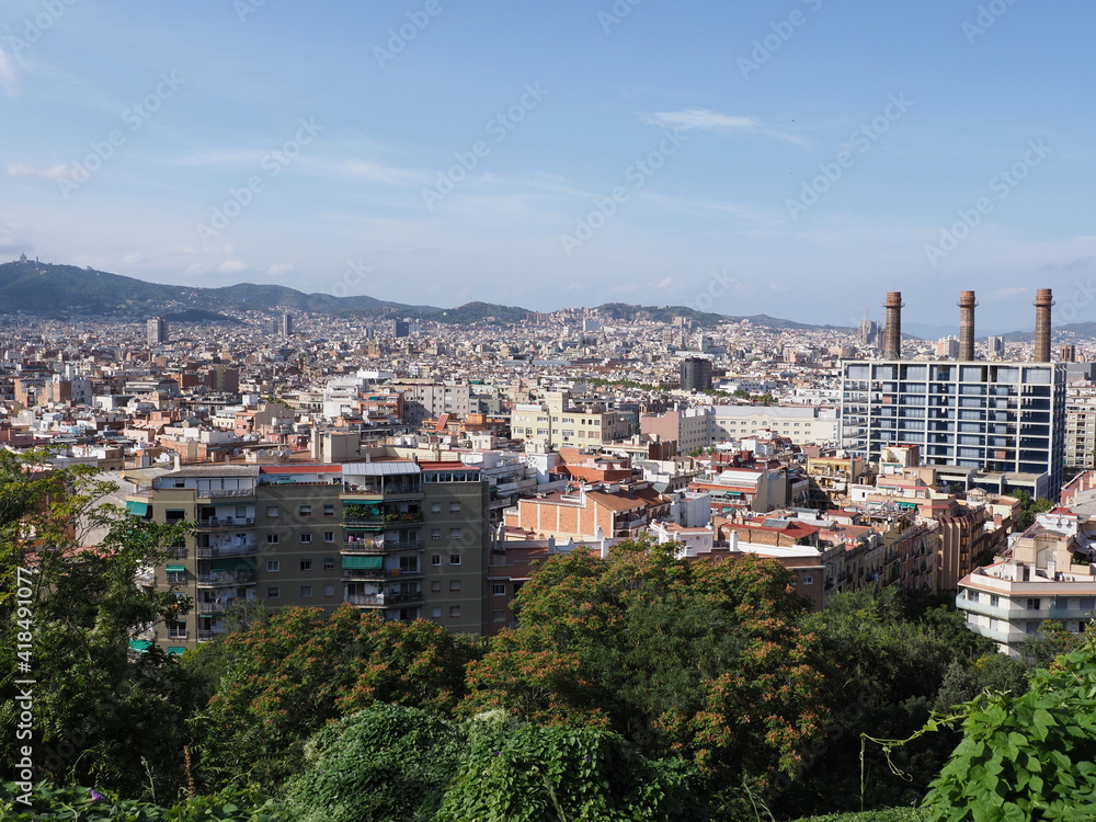 Townscape of european city of Barcelona at Catalonia district in Spain, clear blue sky in 2019 warm sunny summer day on September.