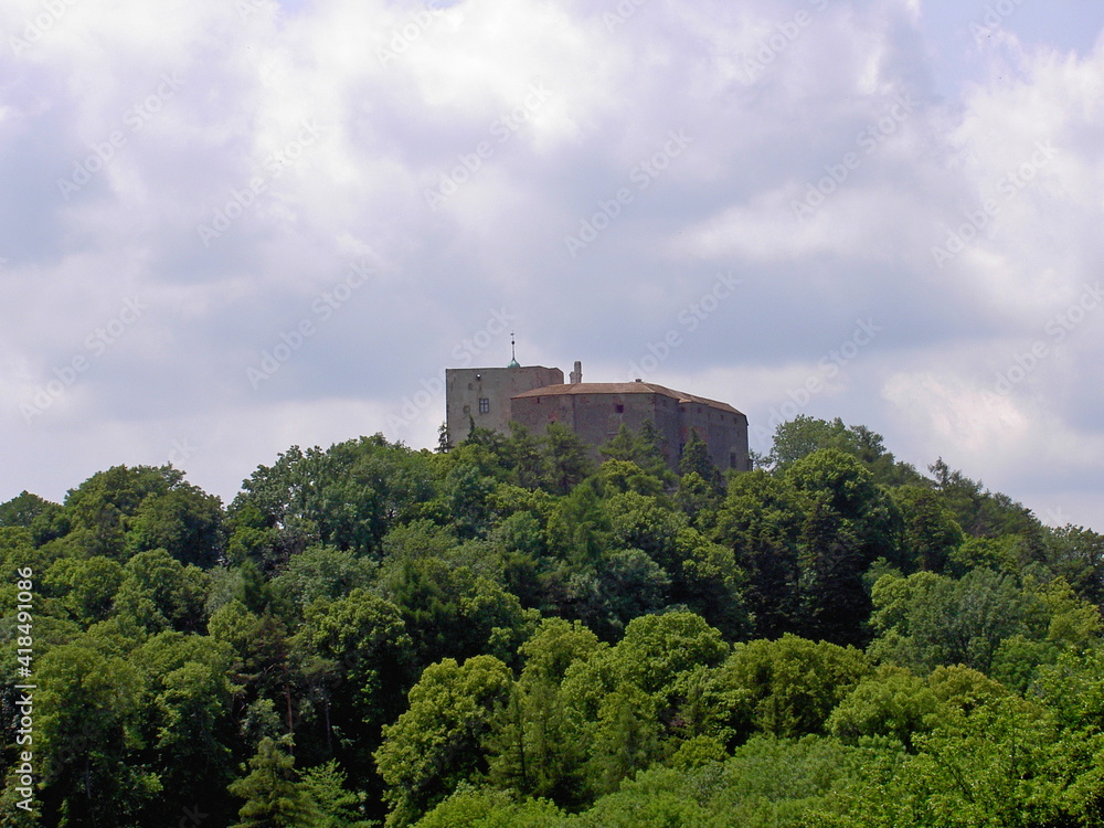 The castle building on top of a wooded hill, in the background a sky with cloudy clouds