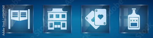 Set Saloon door, Wild west saloon, Playing cards and Whiskey bottle. Square glass panels. Vector.