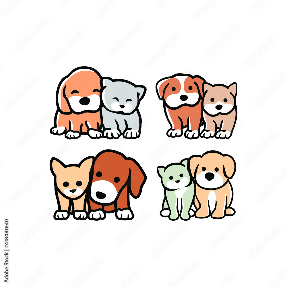 Obraz premium set of Cute funny cats and dogs logo, pets cartoon collection. Furry human friends home animals