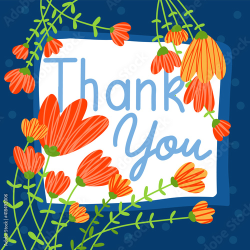 Thank you hand drawn card Trendy square banner. Templates with doodle floral elements. For social media posts, web background Vector illustration