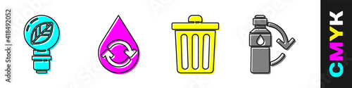 Set Light bulb with leaf, Recycle clean aqua, Trash can and Recycling plastic bottle icon. Vector.