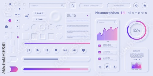 User interface elements for mobile app. Neumorphism User interface design kit. Neumorphism UI UX icons set.