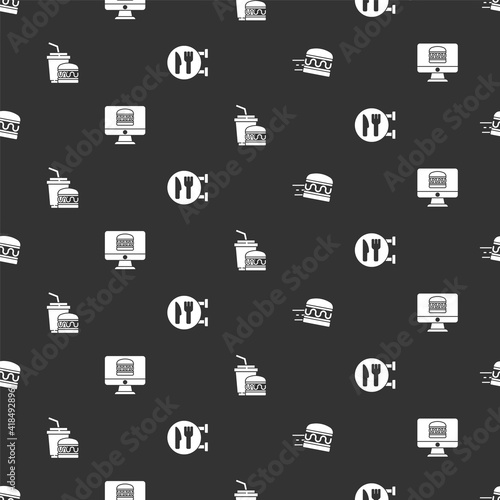 Set Online ordering burger delivery, and, Paper glass and Cafe restaurant location on seamless pattern. Vector.