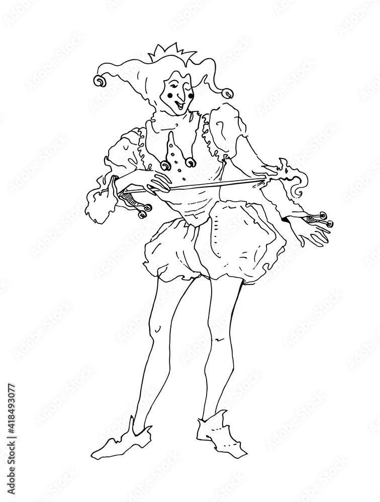 Сourt jester is a fool with a rod in his hands. Medieval image. Graphic line drawing. Vector illustration.