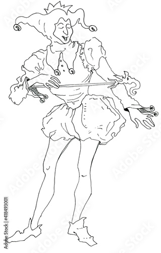 Сourt jester is a fool with a rod in his hands. Medieval image. Graphic line drawing illustration.