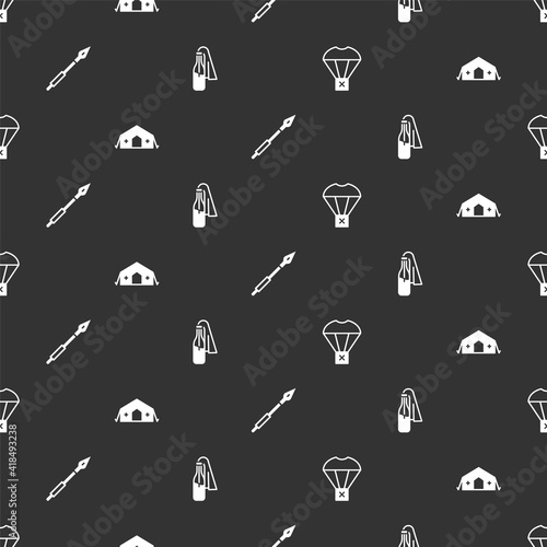 Set Box flying on parachute, Military medical tent, Medieval spear and Cocktail molotov on seamless pattern. Vector.
