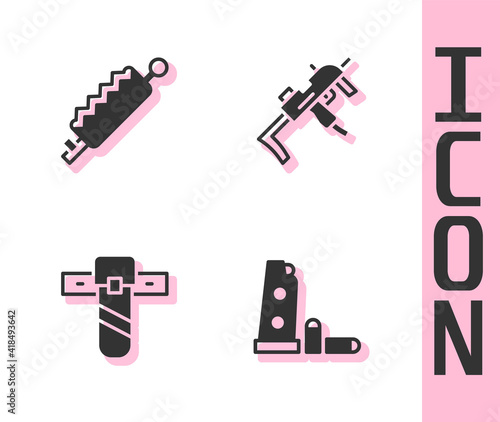 Set Gun magazine and bullets, Trap hunting, Knife holster and MP9I submachine gun icon. Vector.