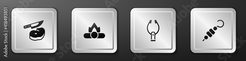 Set Steak meat and knife, Campfire, Meat tongs and Grilled shish kebab icon. Silver square button. Vector.