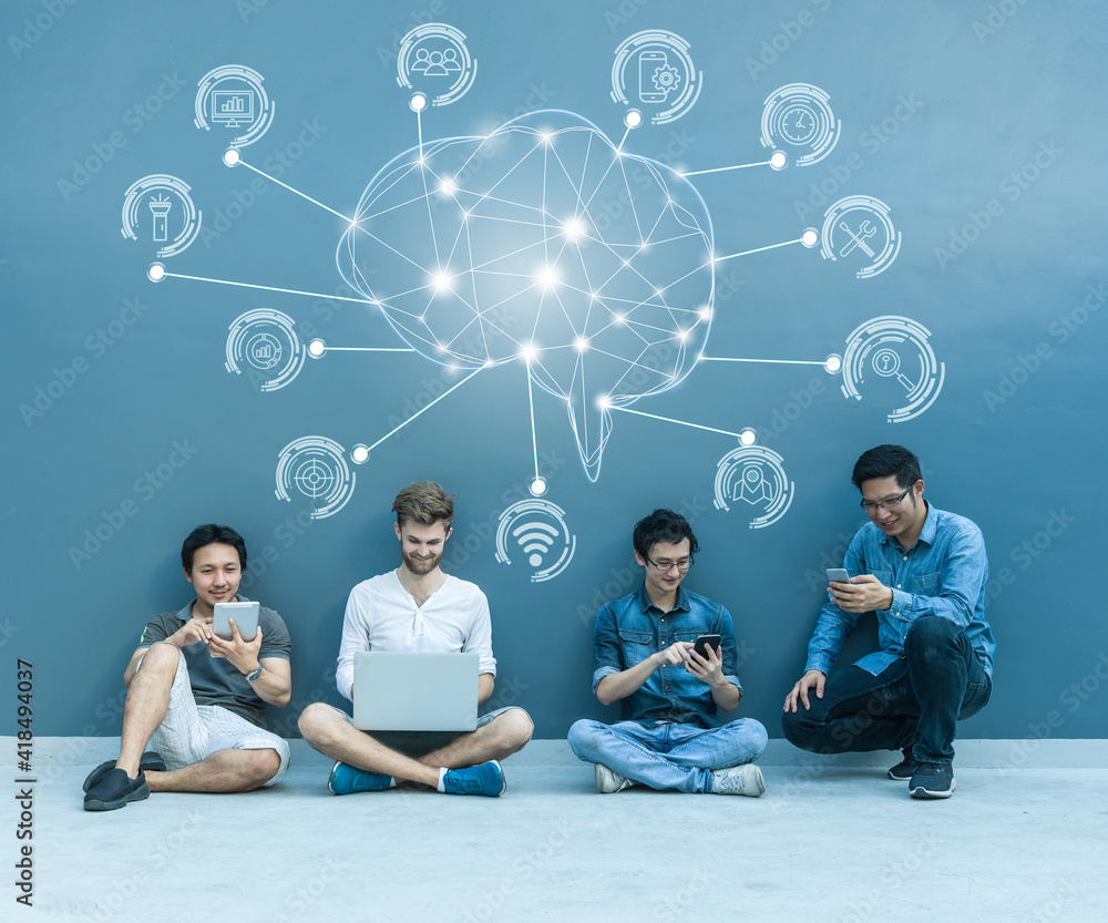 Group Of Asian and Multiethnic Business people using each technology equipment brainstorming for Polygonal brain shape of an artificial intelligence with various icon of smart city Internet of Things
