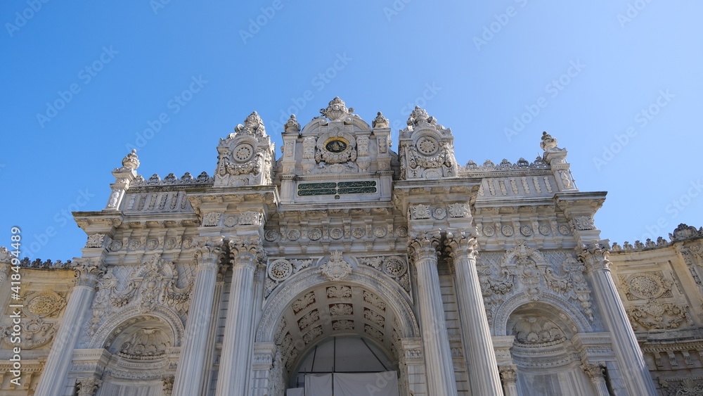 Turkey istanbul 04.03.2021. Entrance and magnificent gate of Dolmabahce palace established during ottoman empire time by barque architecture great details.