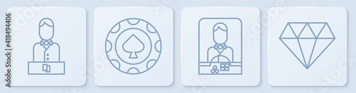 Set line Casino dealer, Casino dealer, Casino chips and Diamond. White square button. Vector.