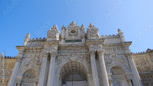 Turkey istanbul 04.03.2021. Entrance and magnificent gate of Dolmabahce palace established during ottoman empire time by barque architecture great details.