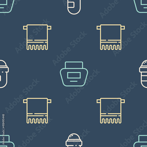 Set line Antiperspirant deodorant roll, Towel on hanger and Cream lotion cosmetic tube on seamless pattern. Vector.