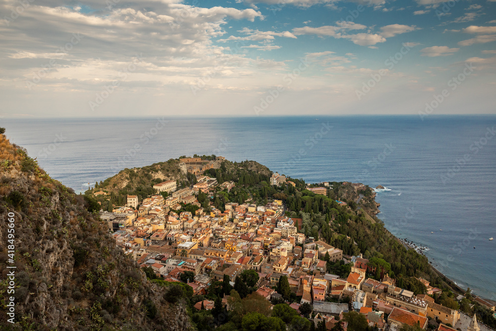 Views over the city of Taormina in Sicily. A beautiful sunny summer afternoon.