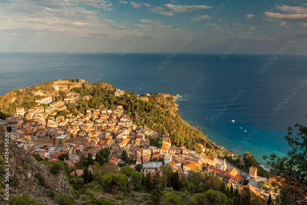 Views over the city of Taormina in Sicily. A beautiful sunny summer afternoon.