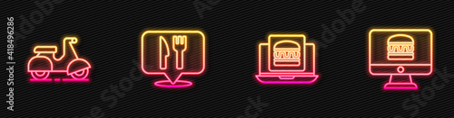 Set line Online ordering burger delivery, Scooter, Cafe and restaurant location and . Glowing neon icon. Vector.