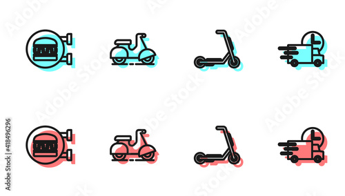 Set line Scooter delivery, Online ordering burger, and Fast by car icon. Vector.