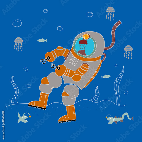 Young man diving masks swimming in sea or ocean and observing coral reef. Pair of snorkelers watching marine fauna. Underwater recreational activity. Hand drawn cartoon vector illustration