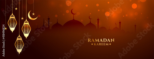 ramadan kareem traditional festival banner with hanging lamps