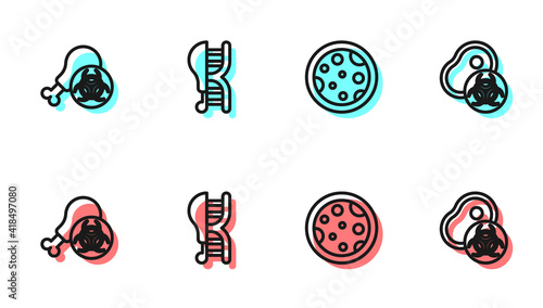 Set line Petri dish with bacteria, Gmo research chicken, Genetically modified and meat icon. Vector.