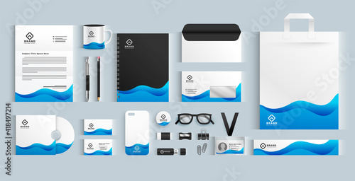 blue wavy business brand stationery design set