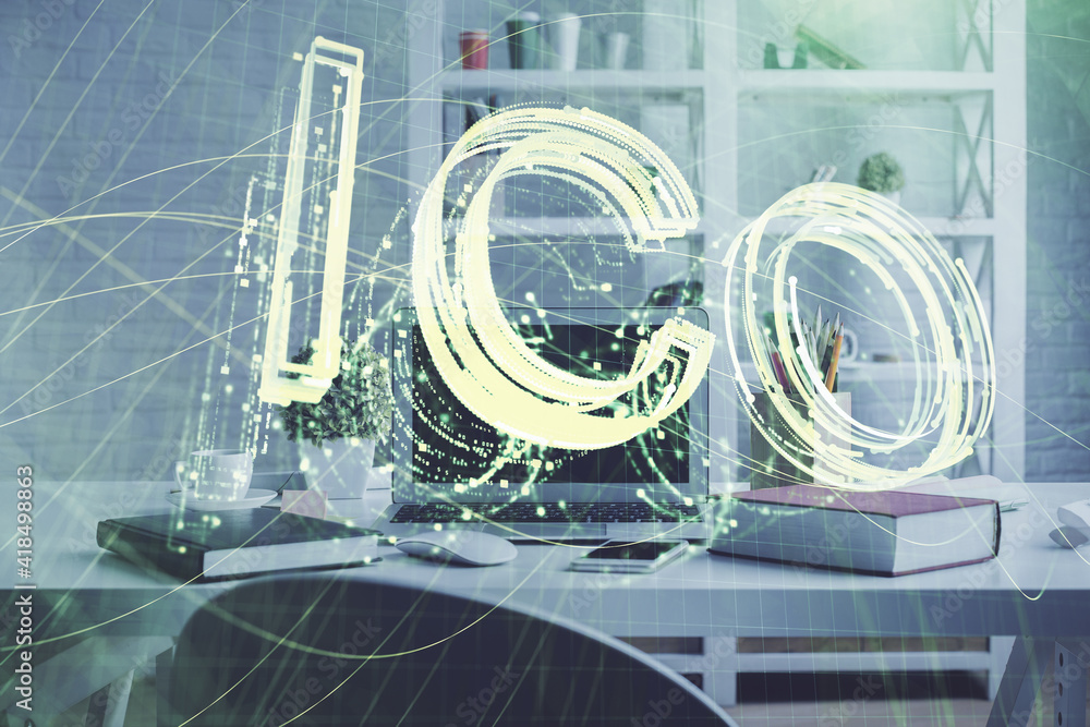 Double exposure of crypto technology theme drawing and office interior background. Concept of blockchain. Double exposure of crypto technology theme drawing and office interior background. Concept of blockchain.