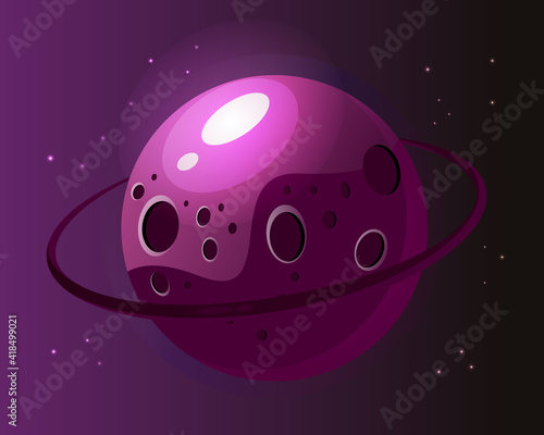 Bright purple planet with stars on a dark background for the design of games and applications.