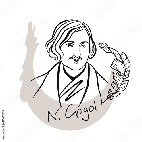 Portrait of the poet and writer of the 19th century Nikolai Gogol. Famous Russian prose writer, playwright, poet, critic, publicist. Black and white sketch of a hand-drawn portrait.