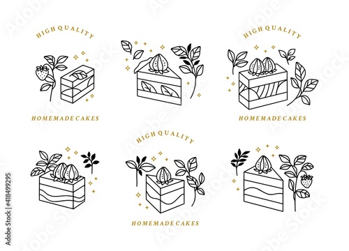 Set of hand drawn cake, pastry and bakery logo elements isolated on white background