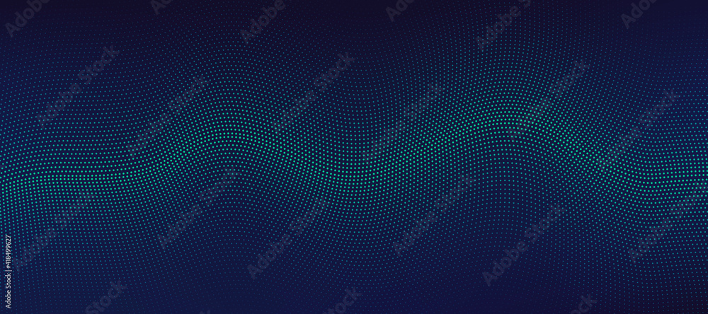 Abstract technology green and blue particles wavy design 3D movement of sound dynamic on dark blue background. Modern futuristic concept. Vector illustration