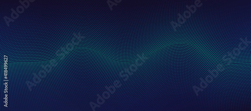 Abstract technology green and blue particles wavy design 3D movement of sound dynamic on dark blue background. Modern futuristic concept. Vector illustration