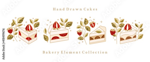 Set of hand drawn cheesecake, pastry and bakery logo elements with chocolate, green tea, floral leaf and strawberry fruit isolated on white background