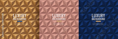 Set of luxury dark blue, rose gold and golden pyramid 3D pattern background. Abstract geometric texture design. Vector illustration
