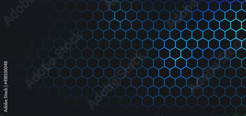 Abstract dark hexagon pattern on blue green neon color background technology style. Modern futuristic honeycomb concept. You can use for cover template, poster, banner web, flyer. Vector illustration