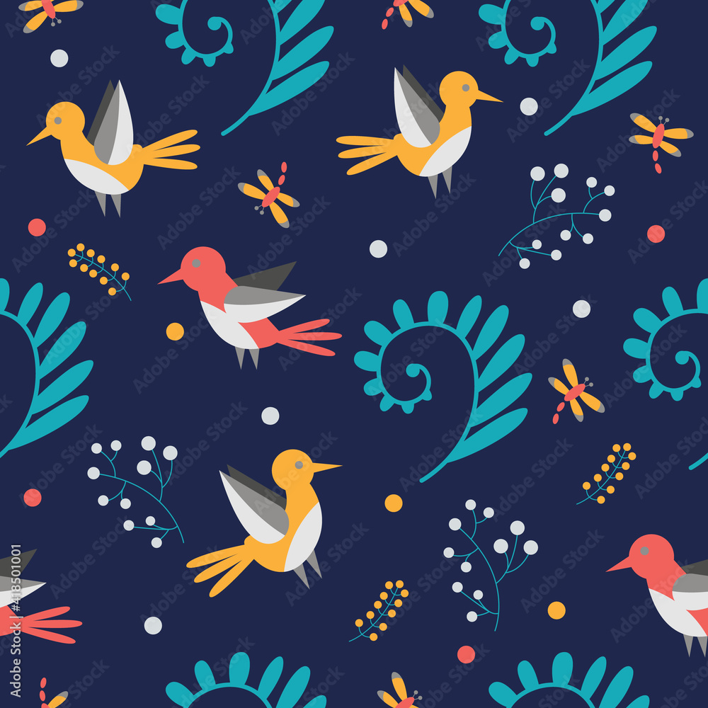 Seamless pattern with birds and leaves. Modern cute background for packaging and design. Seamless pattern with birds and leaves. Modern cute background for packaging and design.