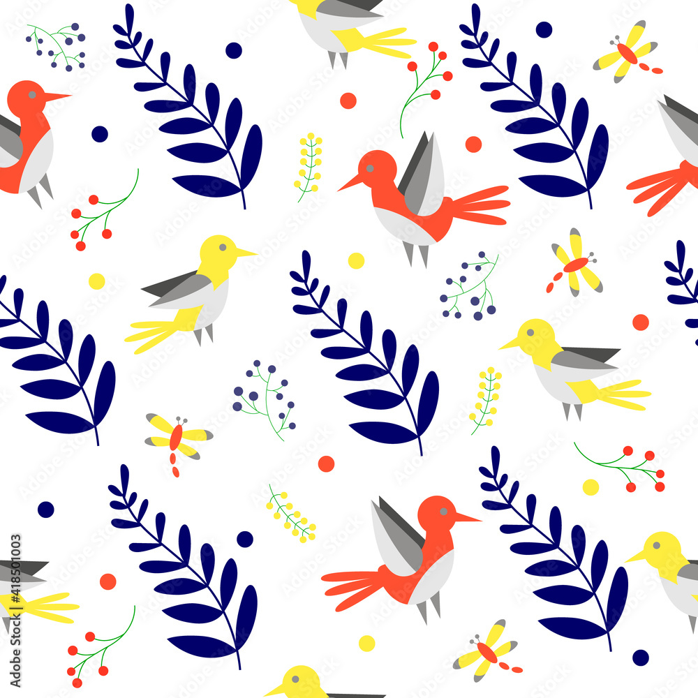 Obraz premium Seamless pattern with birds and leaves. Modern cute background for packaging and design.