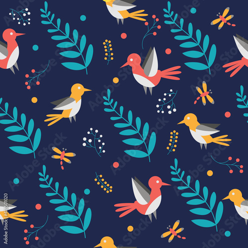 Seamless pattern with birds and leaves. Modern cute background for packaging and design.