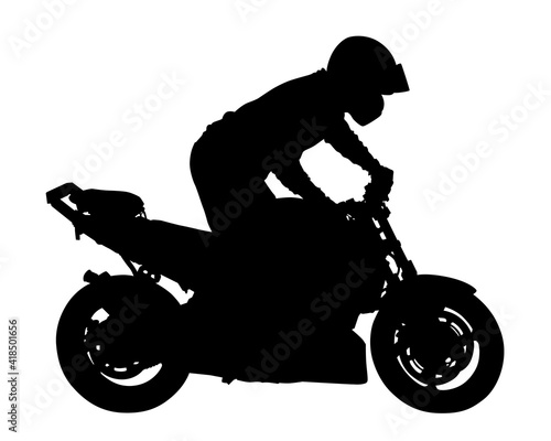 Man in protective clothing rides a retro bike. Isolated silhouette on a white background