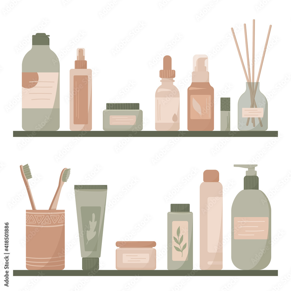 Shelves with cosmetic shampoos, oils, lotions, liquid soaps and toothbrushes. Bathroom. Vector illustration Shelves with cosmetic shampoos, oils, lotions, liquid soaps and toothbrushes. Bathroom. Vector illustration