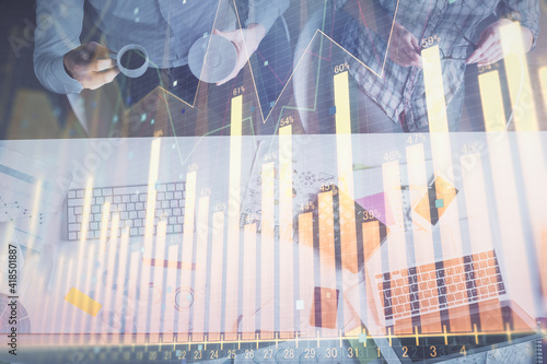 Double exposure of man and woman working together and financial chart hologram drawing. market analysis concept. Computer background. Top View.