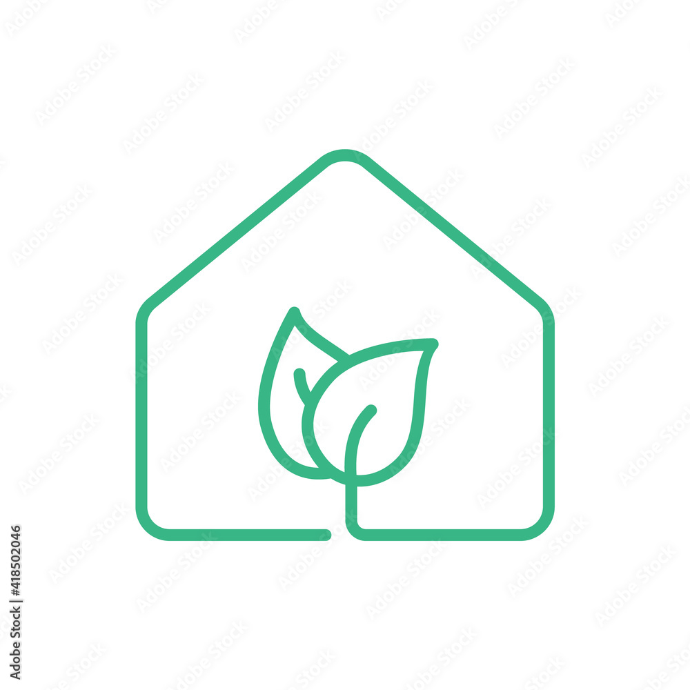 Green house icon. Eco home logo. Simple house with leaf line icon. Smart building. Sustainable lifestyle concept. Green living sign. Gardening and botanical symbol. Vector illustration, flat, clip art Green house icon. Eco home logo. Simple house with leaf line icon. Smart building. Sustainable lifestyle concept. Green living sign. Gardening and botanical symbol. Vector illustration, flat, clip art